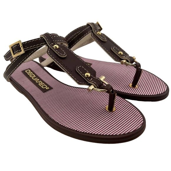 New Dsquared 2 Women 6 / 36 Sandals Brown Leather Flat Ankle Gold T-Strap Shoes - Picture 13 of 17